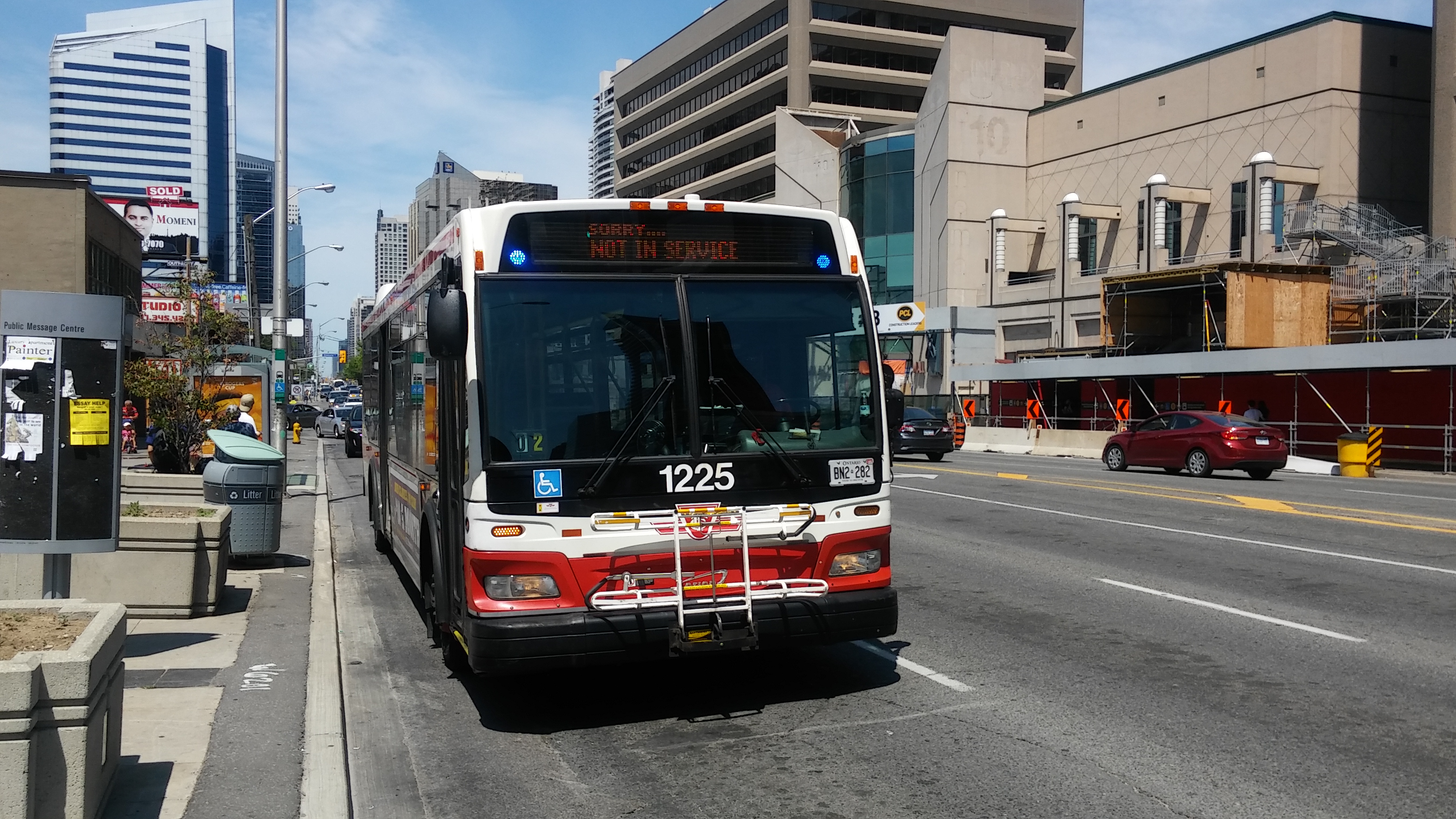 here is a photo of one of the buses that passed us by that read Out Of Service.

this is ridiculous when more than 20 customers were waiting for the bus to go Southbound on Yonge Street earlier this a