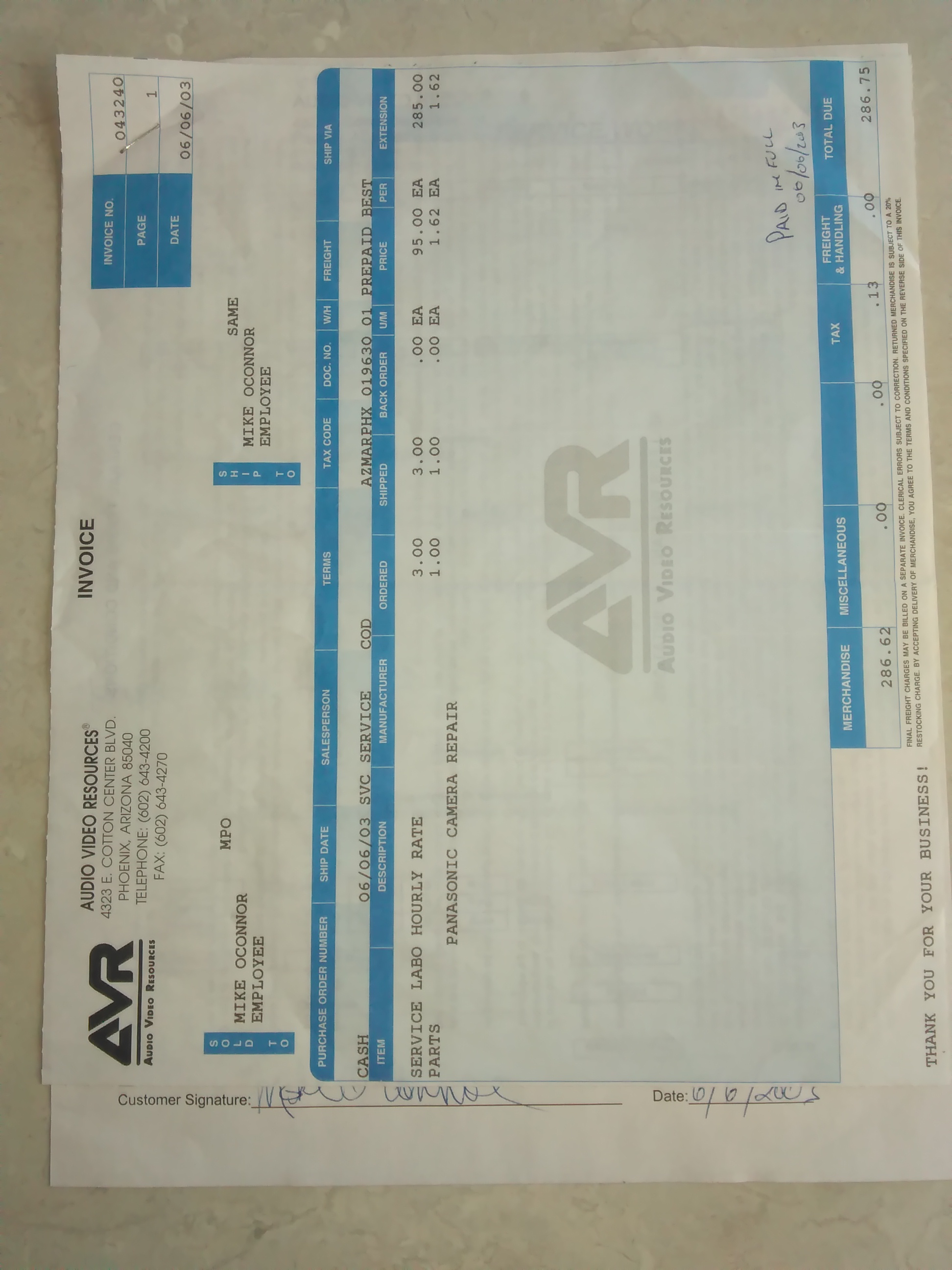 This is a picture of the actual Invoice.