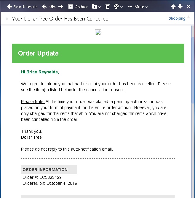 dollar tree email that canceled my order 1 of 2 