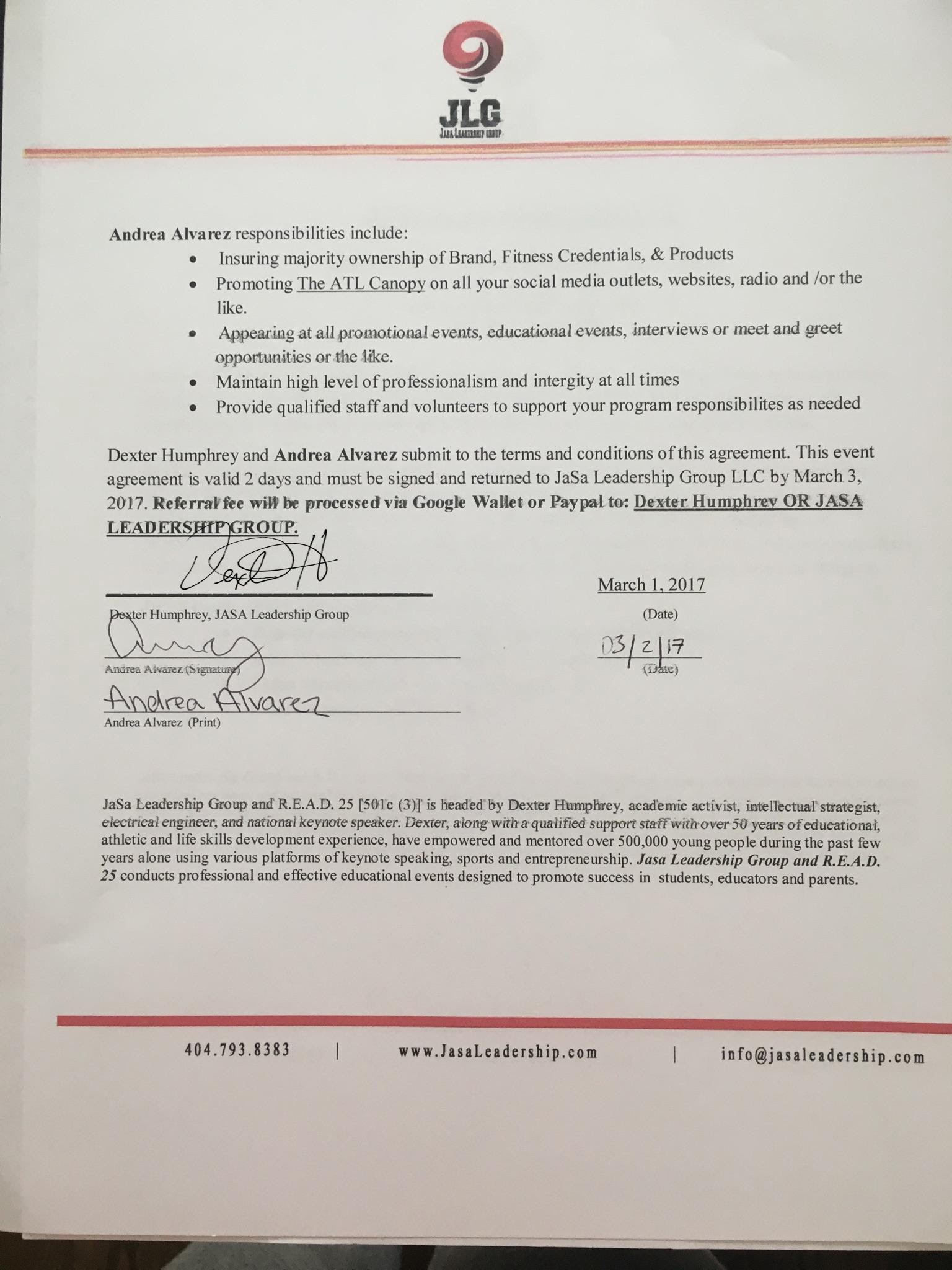 Executed agreement between Andrea Alvarez and Jasa Leadership Group pg. 2