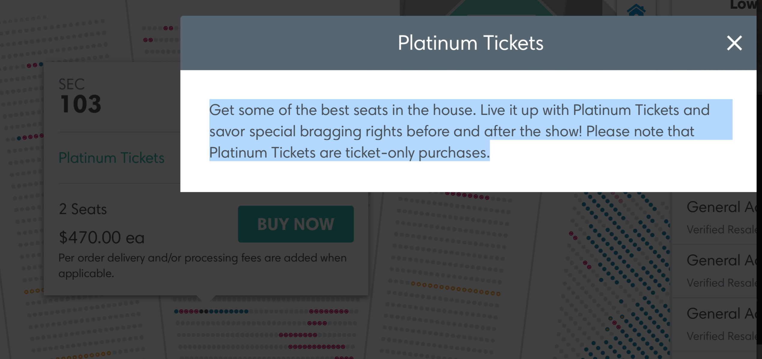 What ticketmaster tells you a Platinum Ticket is when you go to purchase