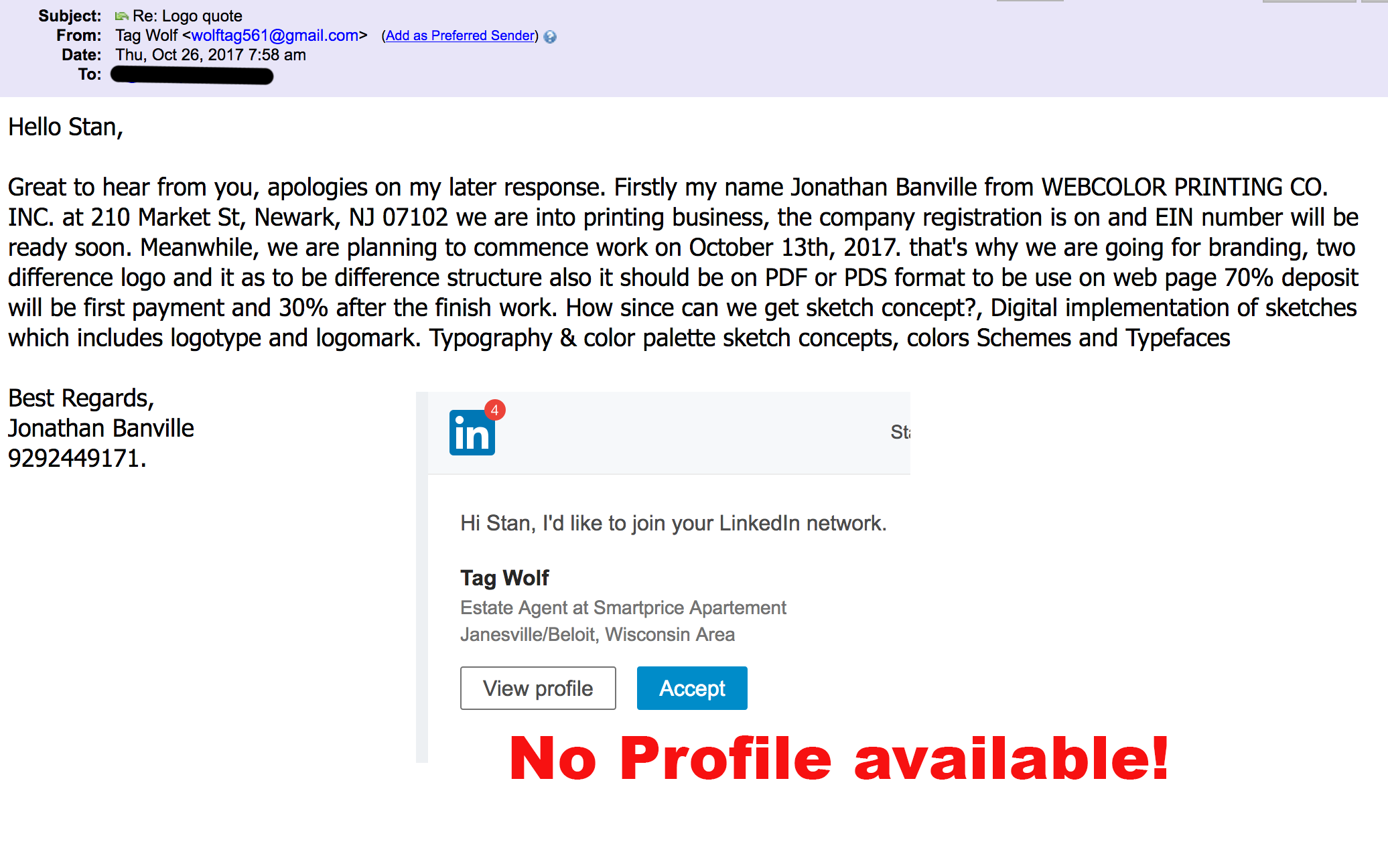 Email & LinkedIn screen shot.