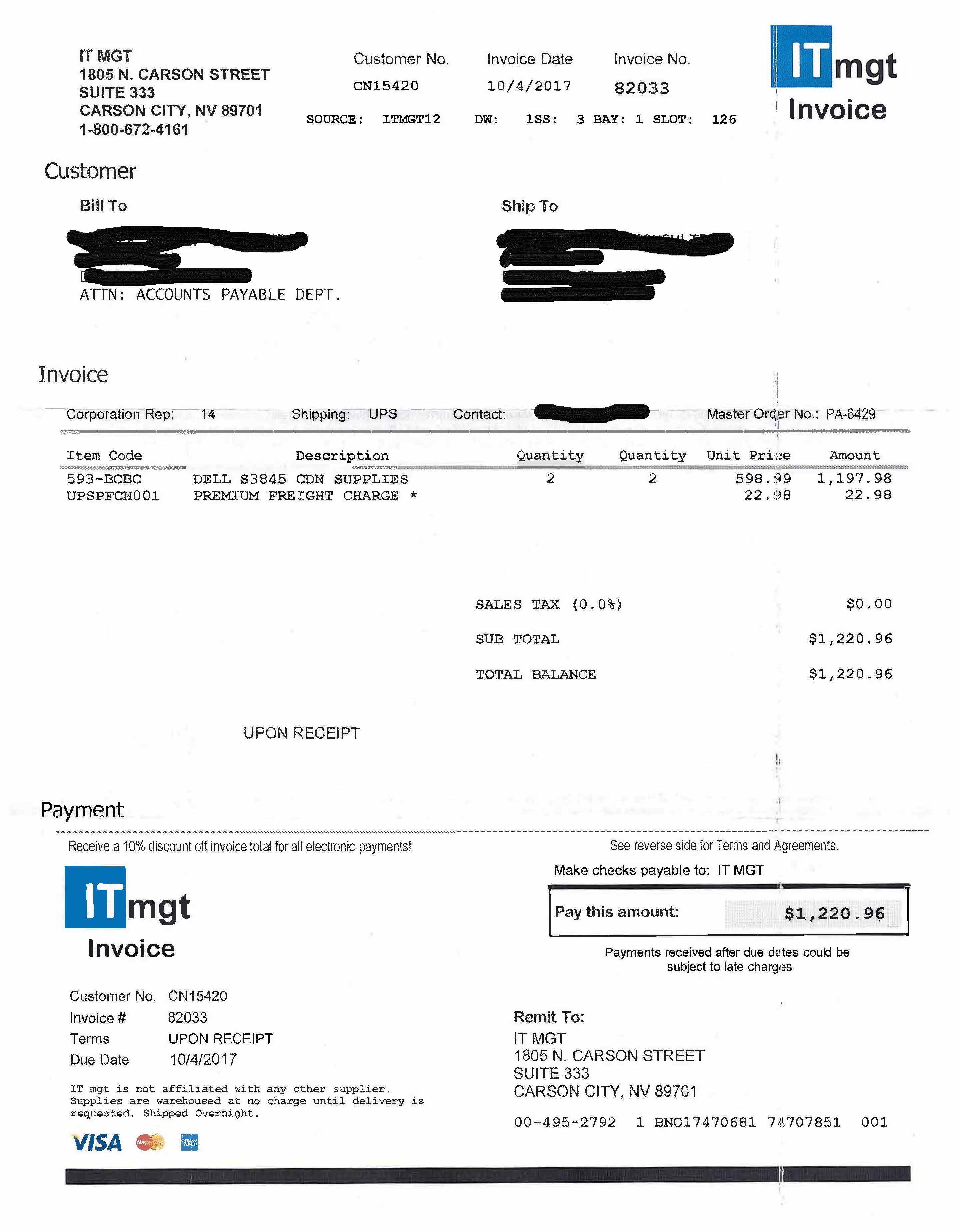 Redacted picture of Scam Invoice