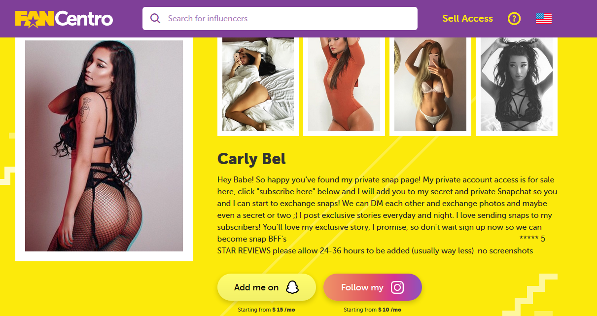 Screenshot of her FanCentro page