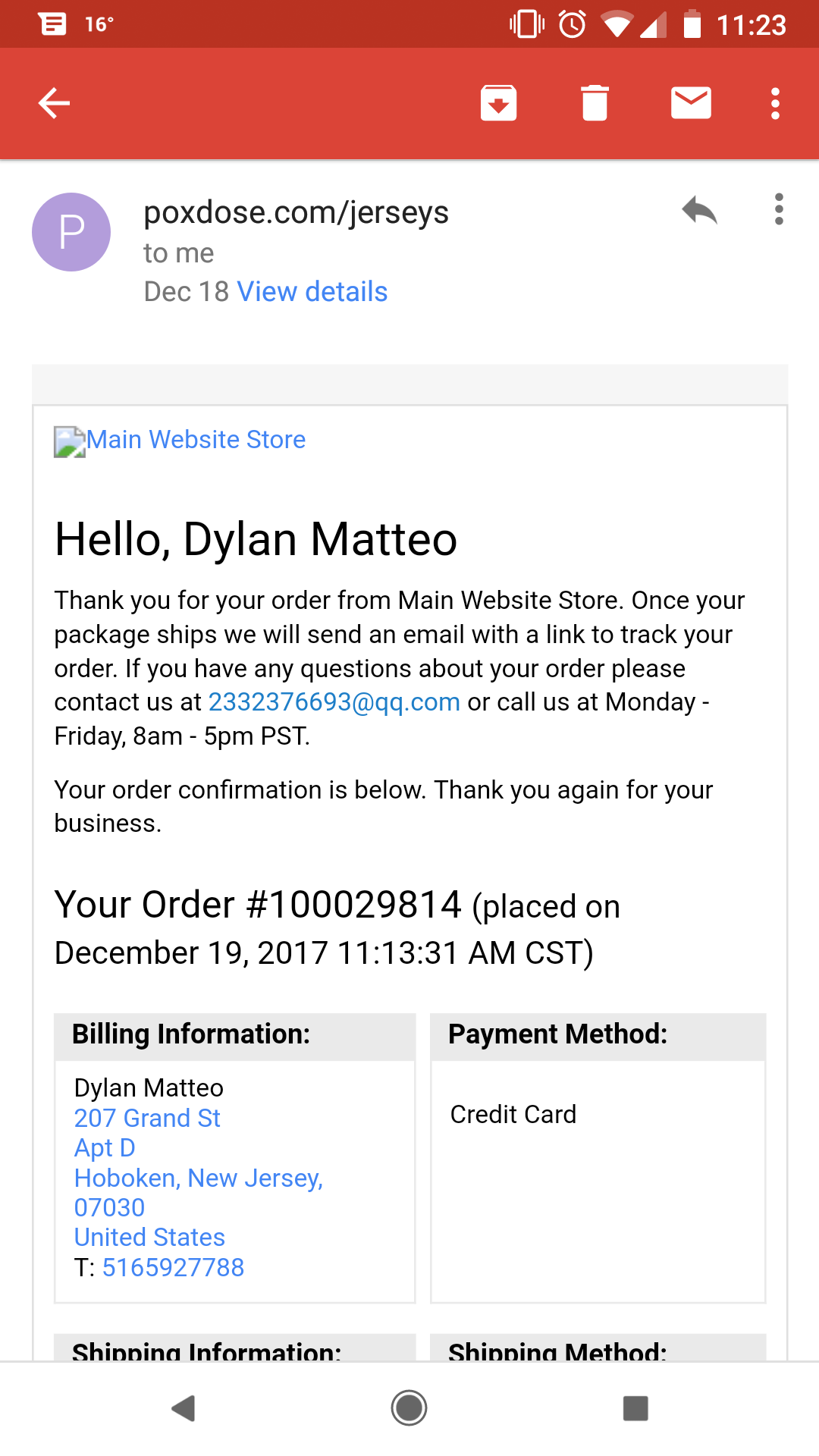 Email Received after order was placed