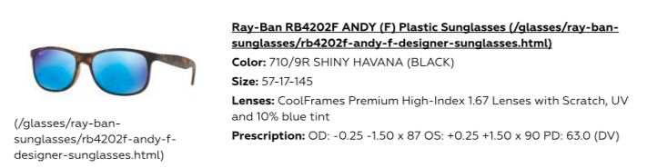 ordered Ray Ban sunglasses with sunglass lenses