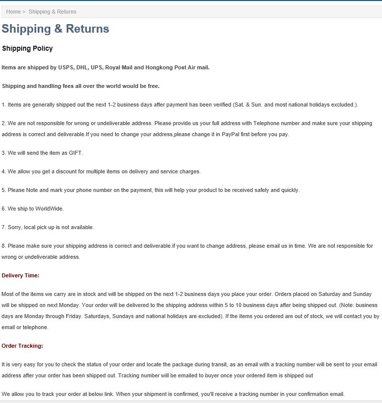 Shipping information page that is nothing but lies