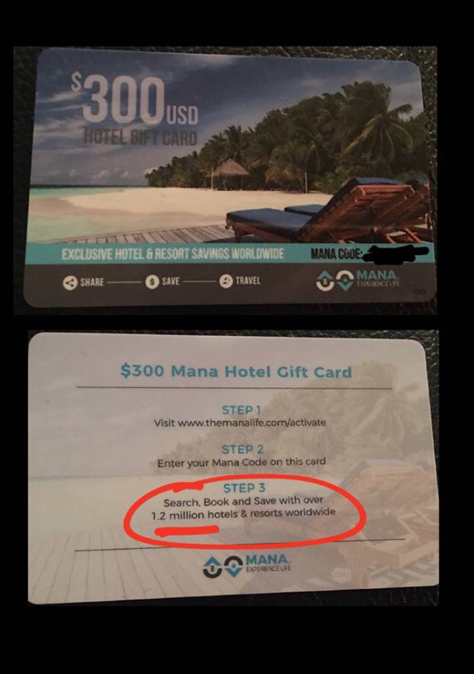 Mana Card claiming $300 off 1.2M Hotels World Wide