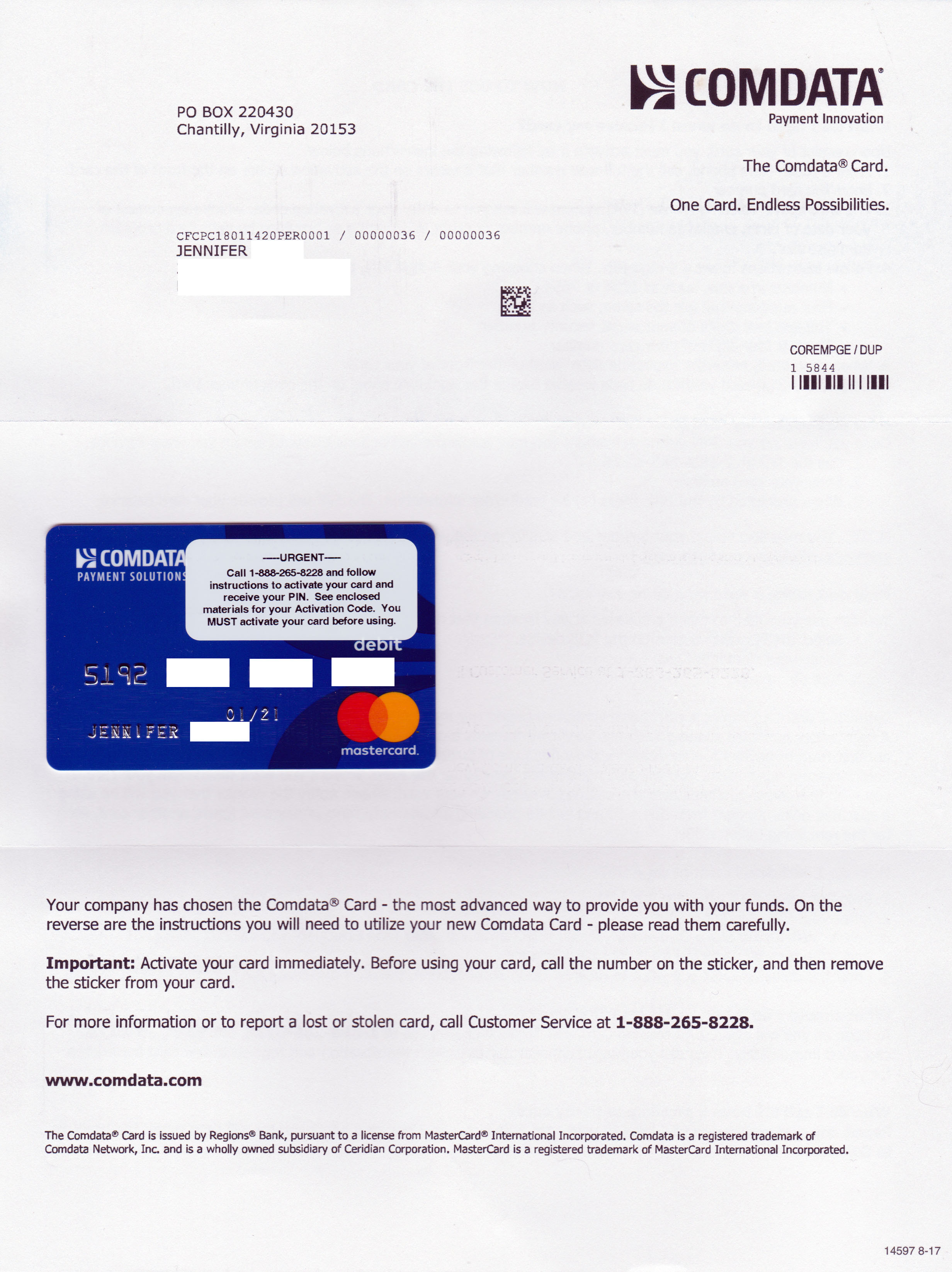 Fake Master Card Attached to Welcome Letter