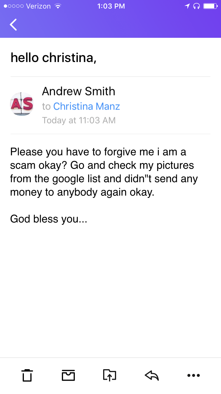 Email admitting to being a scam artist