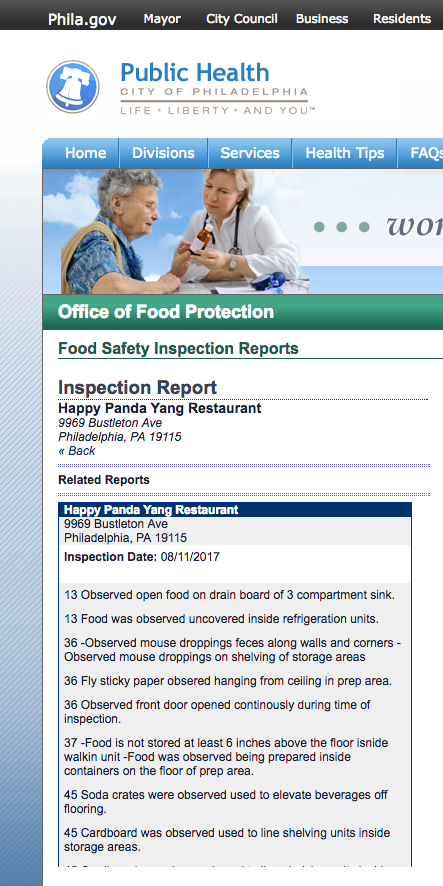 Report From Philadelphia Office of Food Protection