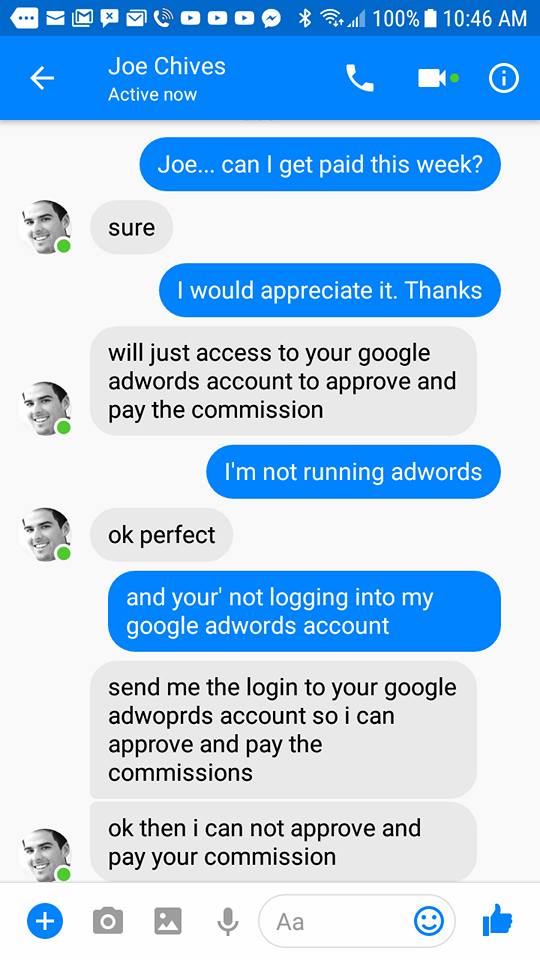  he will not pay me unless I give him  adwords pas