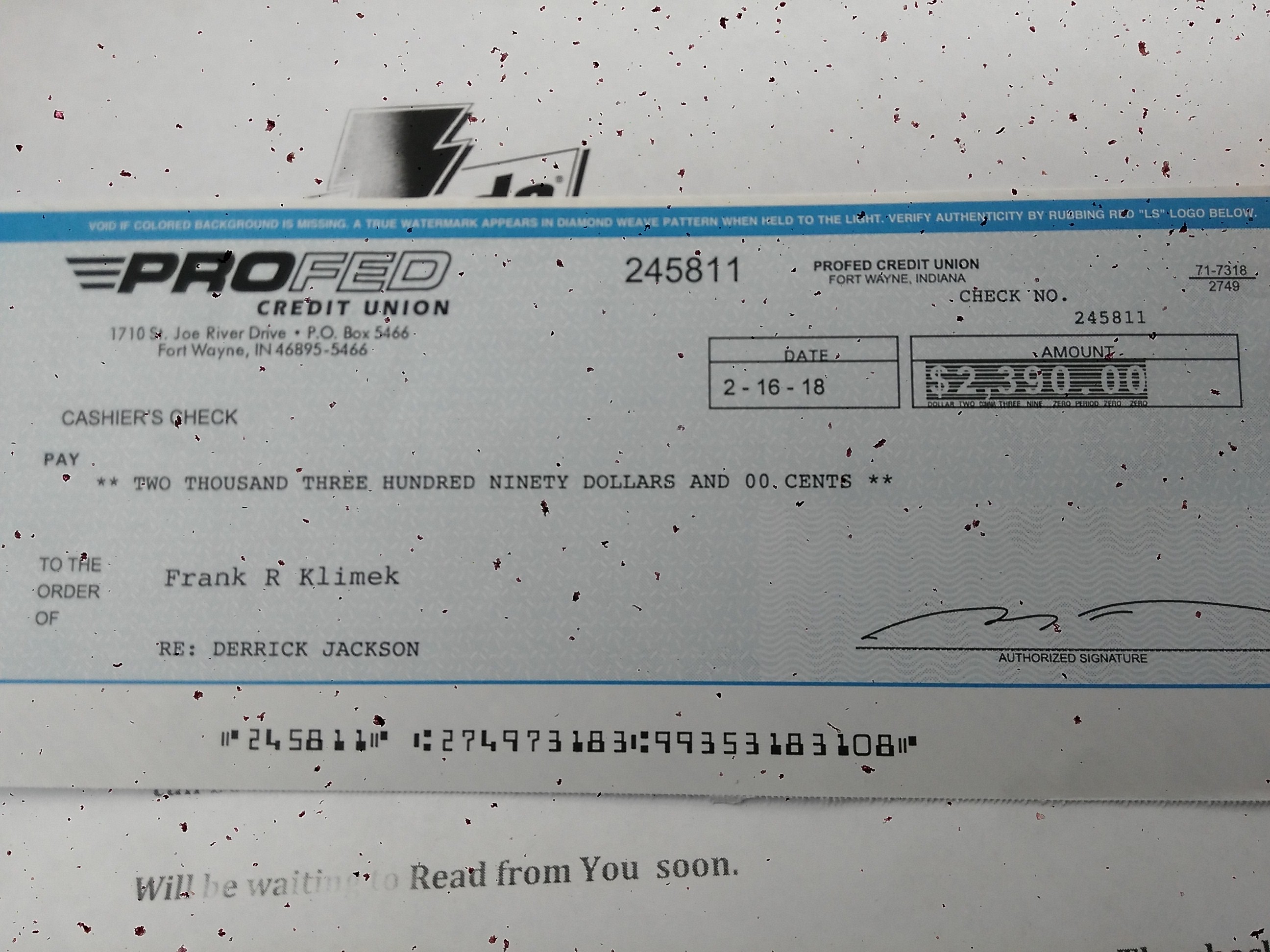 Photo of check received for Gatorade wrapping