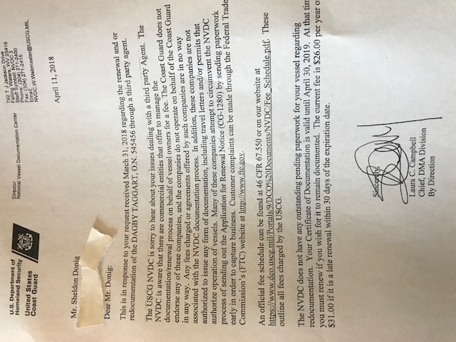 Letter from the United Stats Coast Guard sent to C