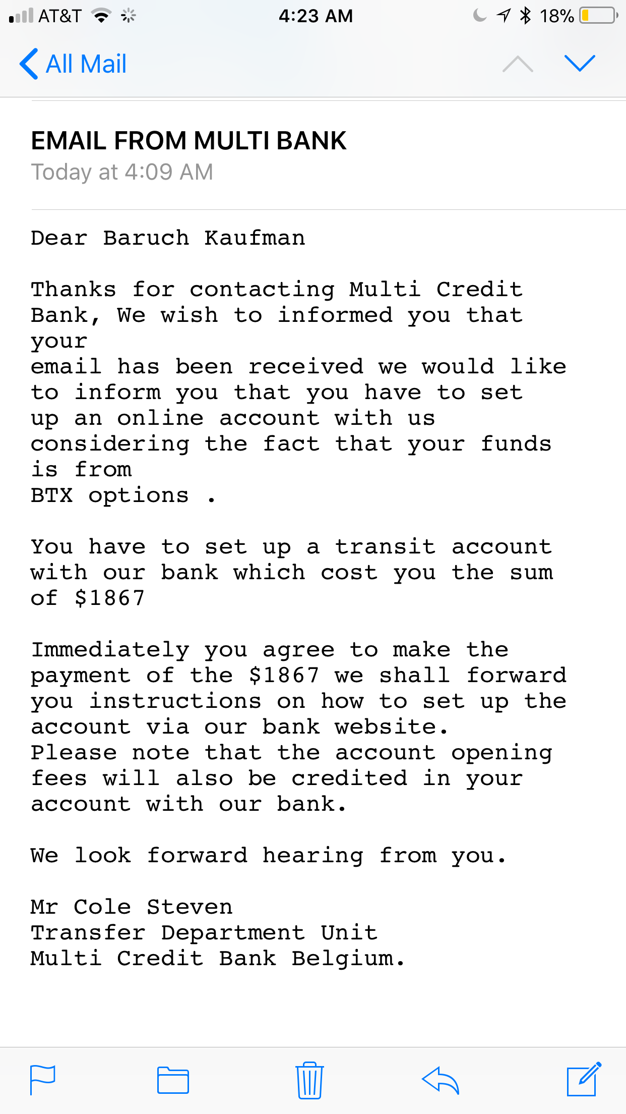 Letter from MultiCredit Bank