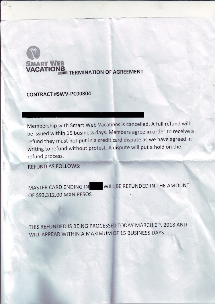 letter from Smar Web Vacations promising a refund 