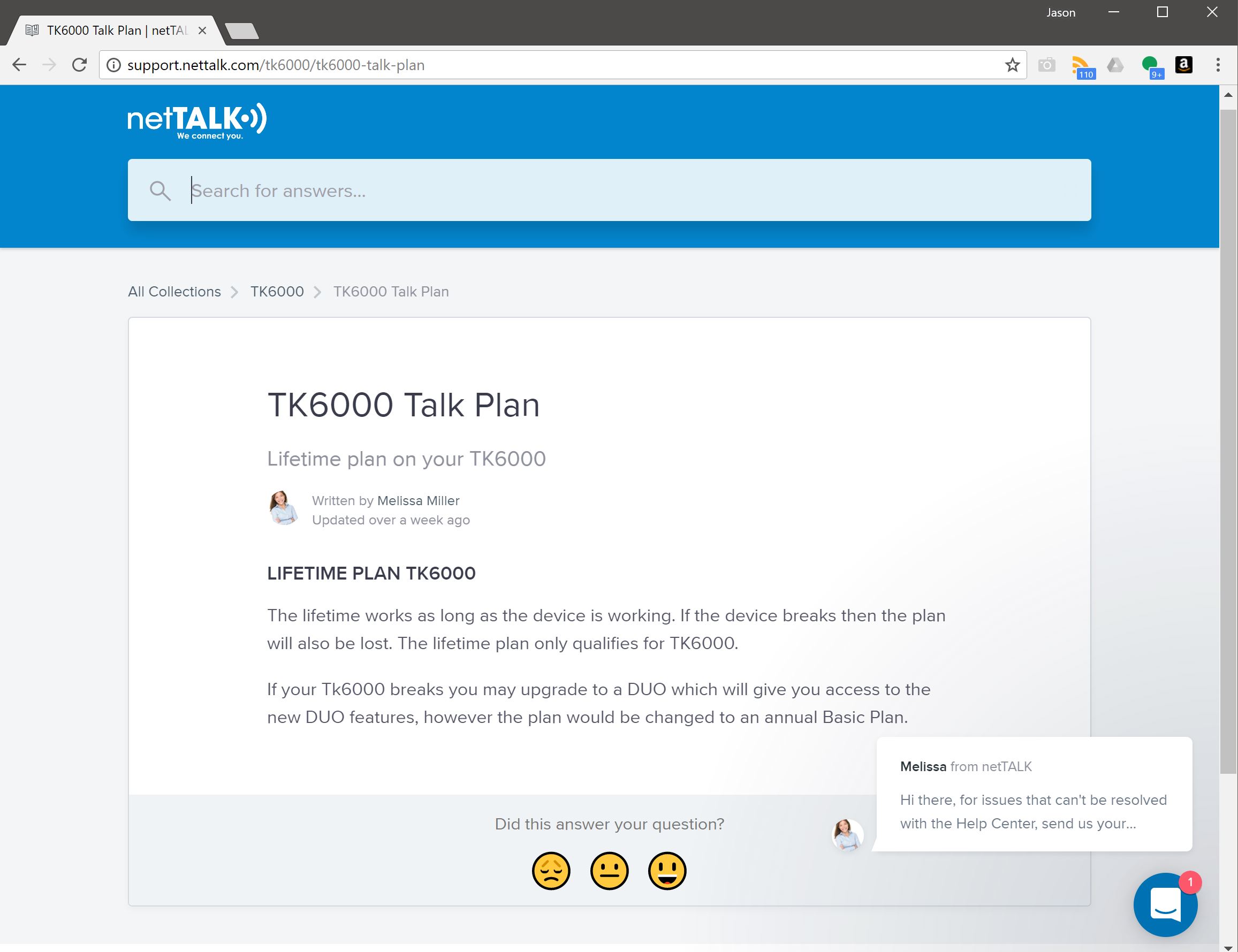 Screen capture of help for TK6000 lifetime plan