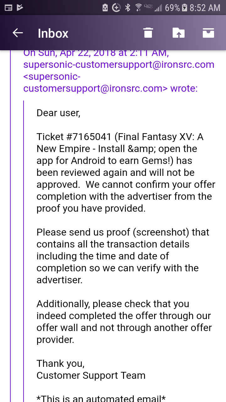 Denial email after I asked for gems i was owed