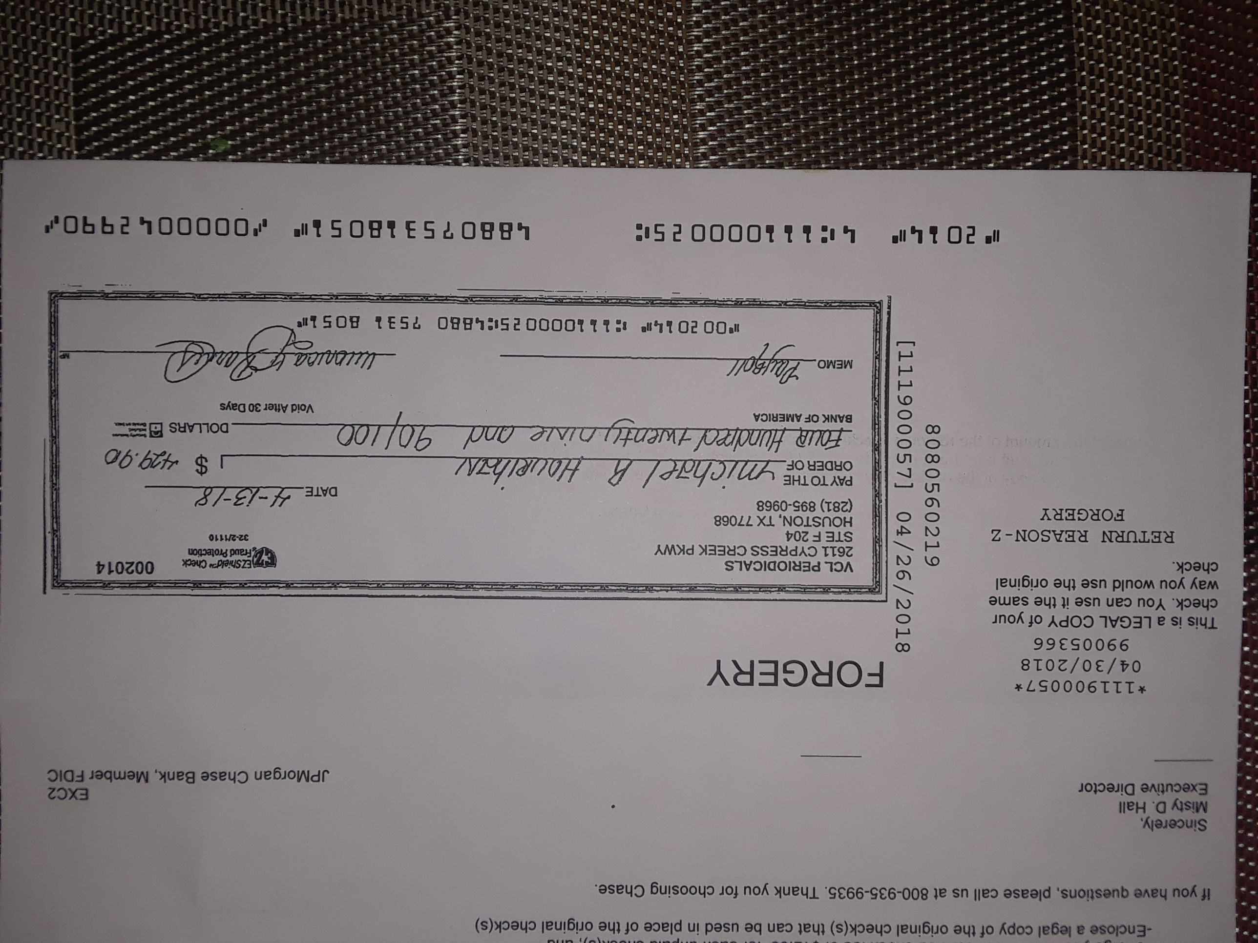 Forged Check from VCL Periodicals