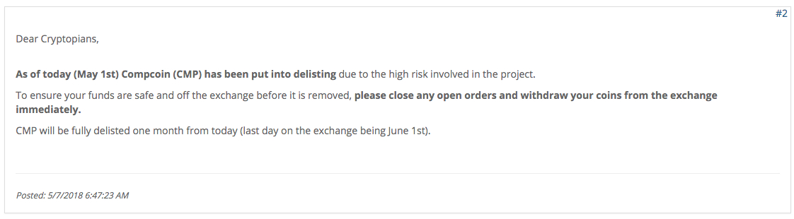 Cryptopia Exchange Delisting Notice