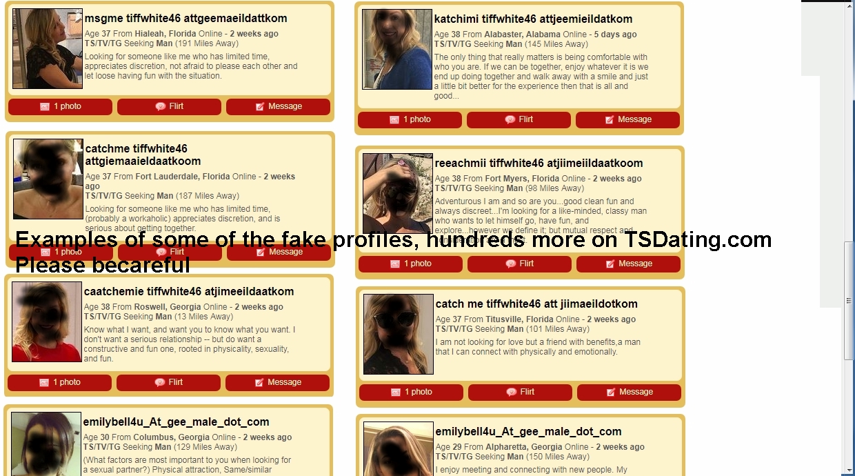 Examples of fake profiles on TSdating.com