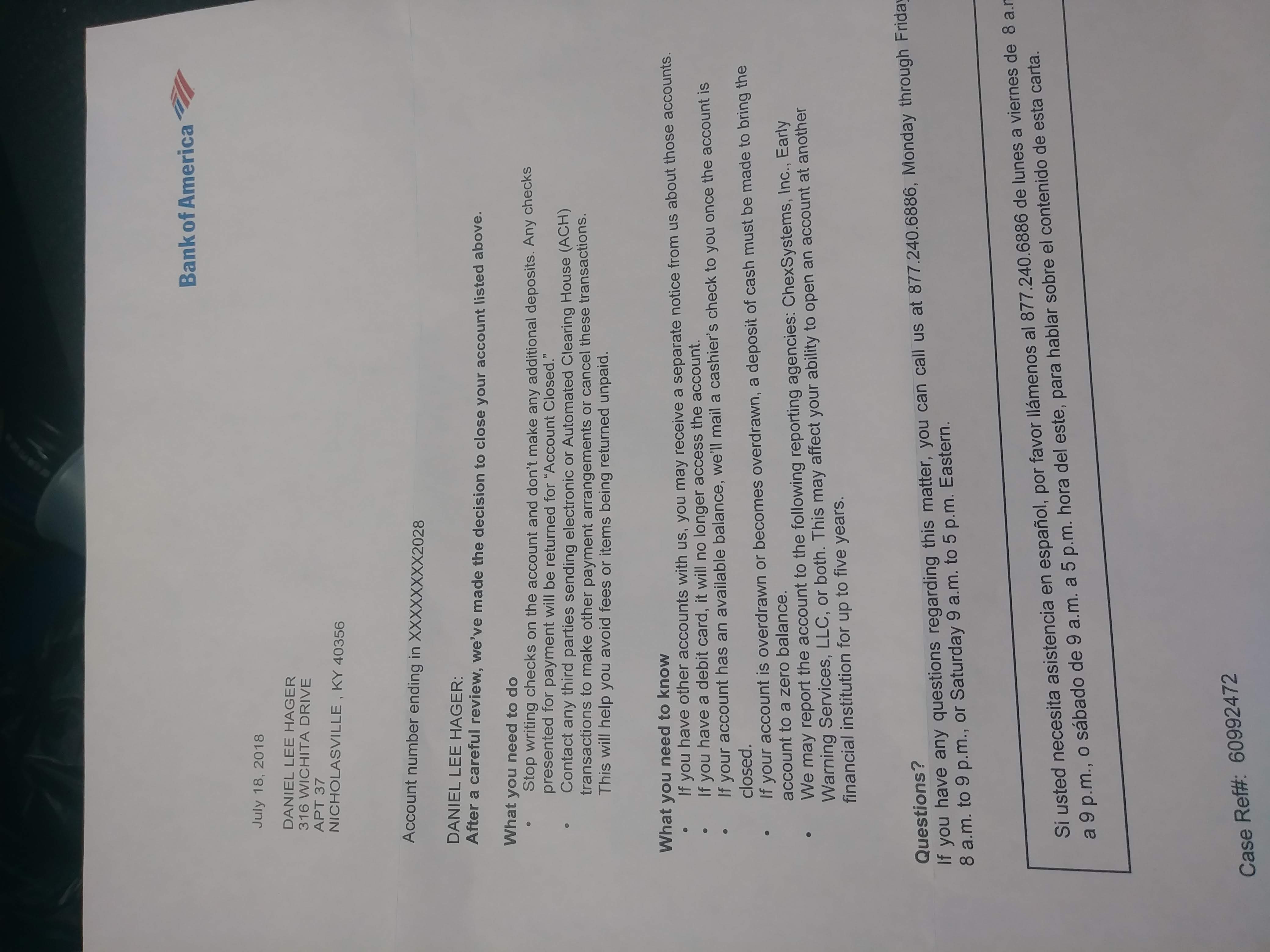 Bank of America Letter stating my account closed