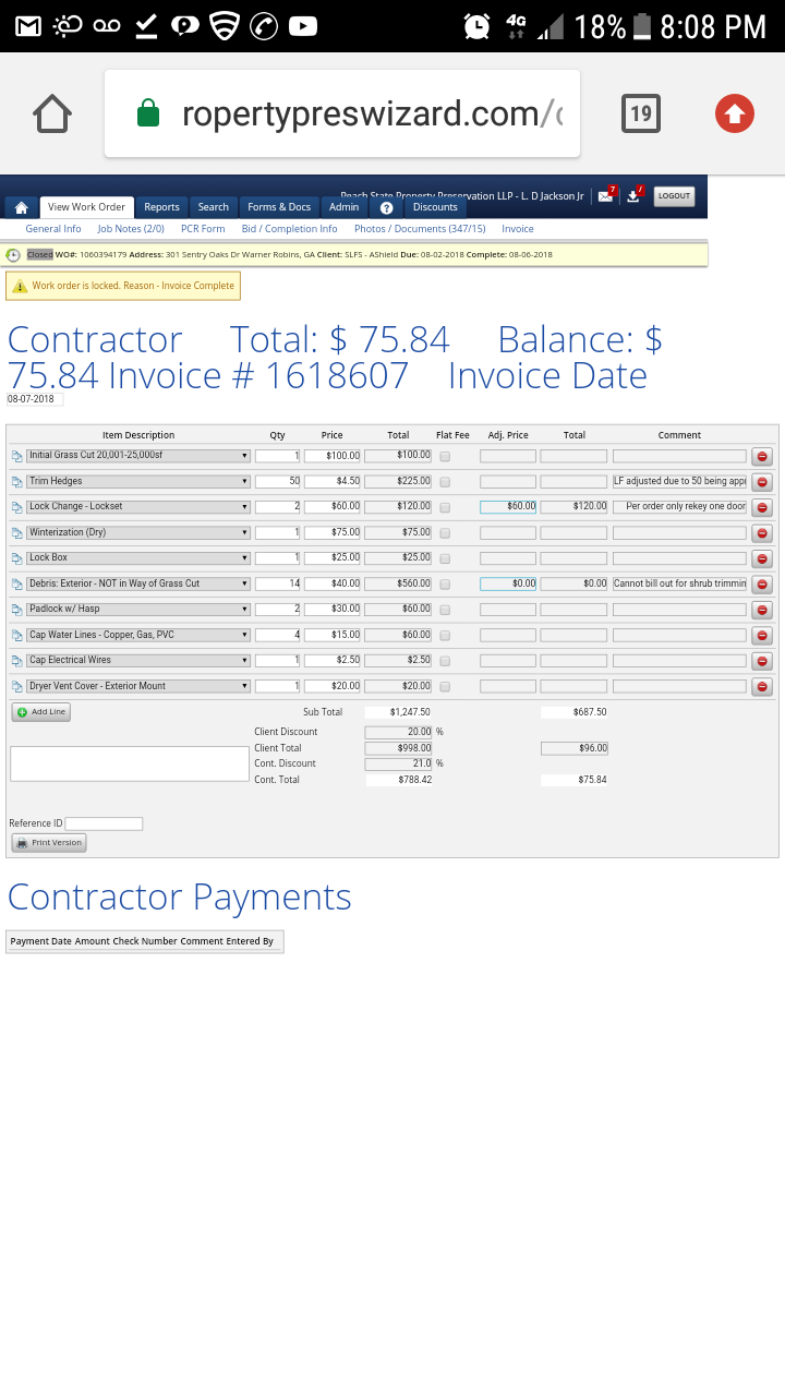 Invoice that has been adjusted after completion 