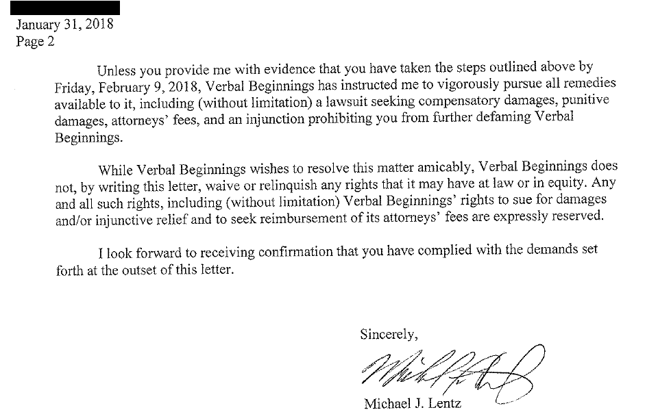 Verbal Beginnings letter from lawyer 2