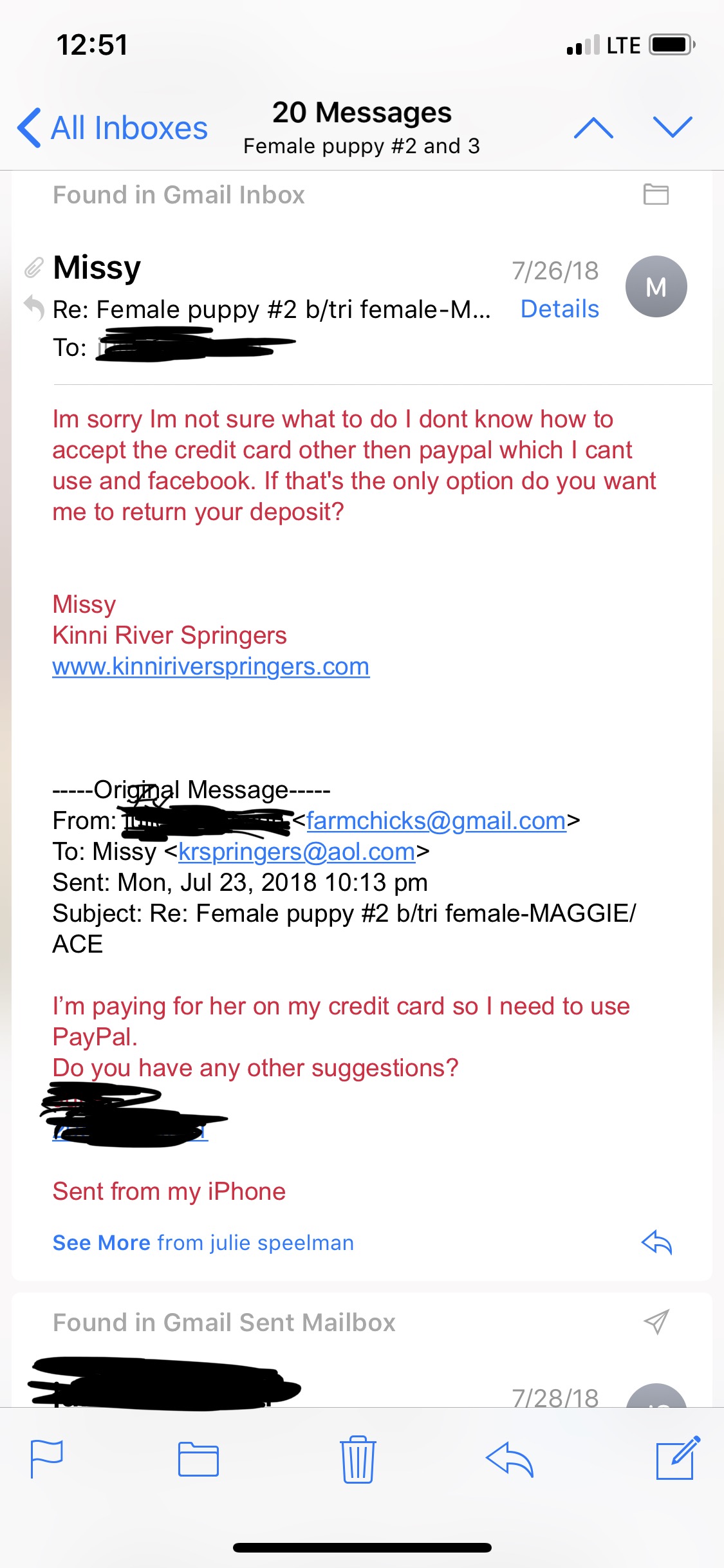 Email stating that she would Give refund 