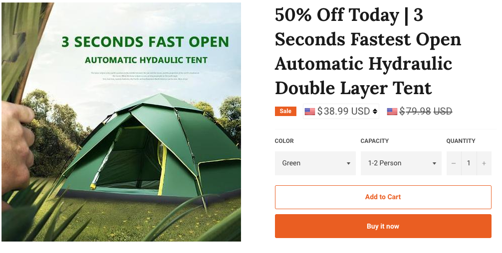 tent advertised on seller website