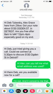 Text messages for Zillow scam 1