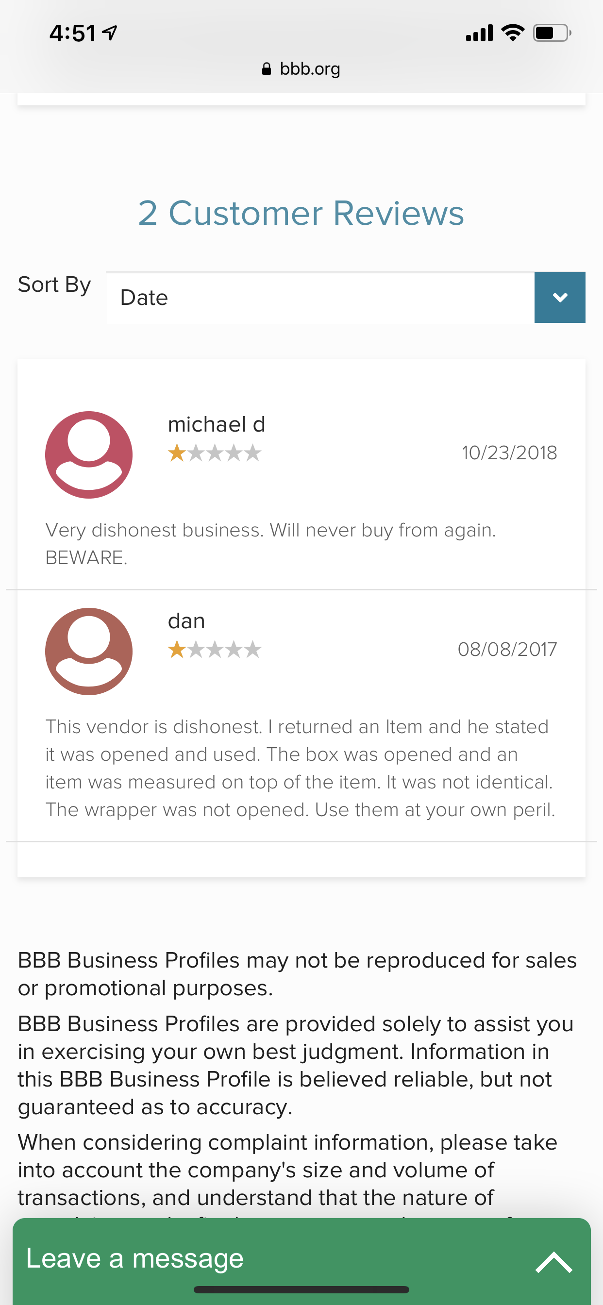 Reviews I found on BBB