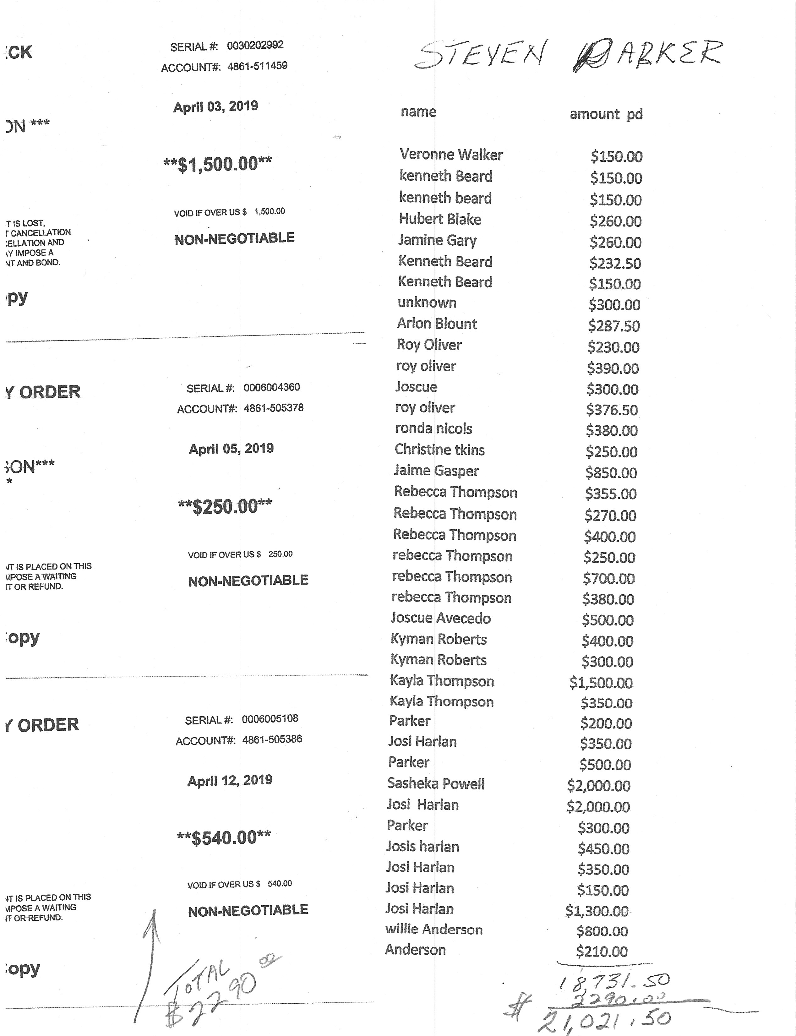 List of recipients steven parker had me pay to