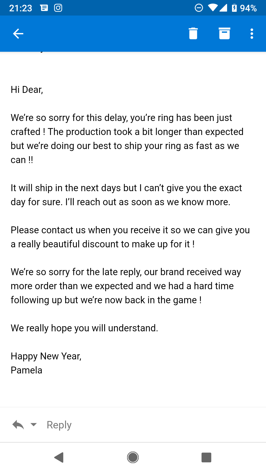 Only reply received from the company on January 21
