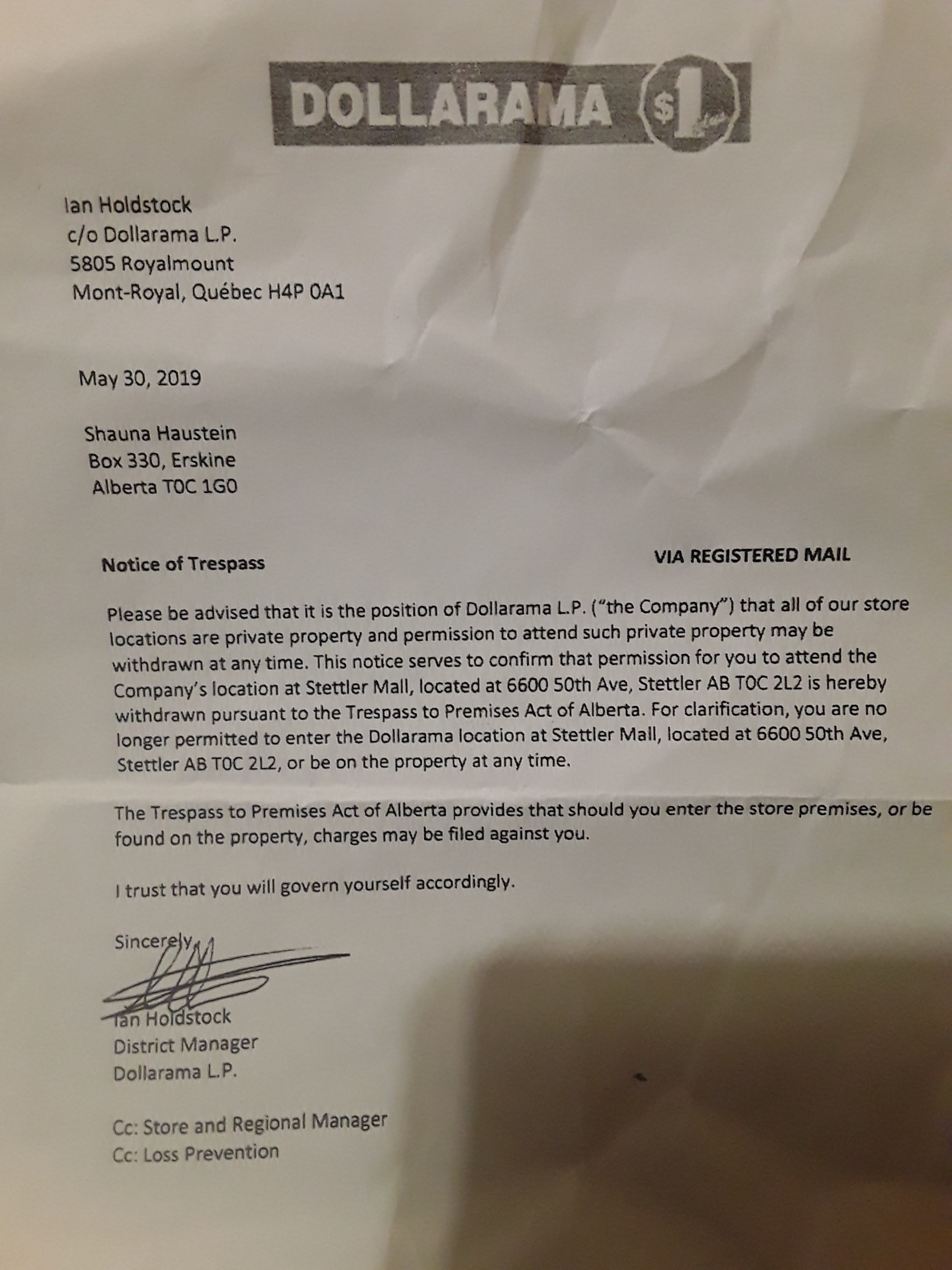 A letter banning me from a district manager 
