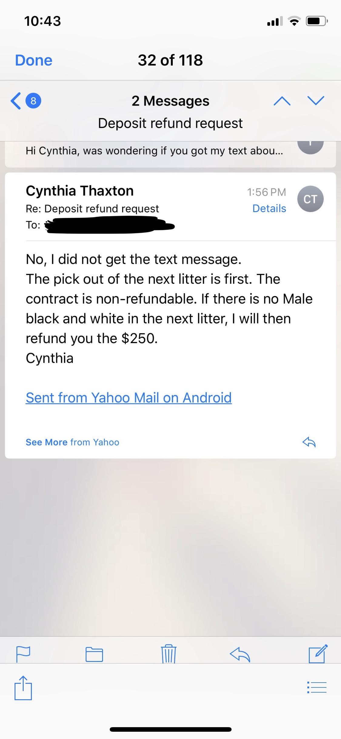 Email my husband received from Cynthia 