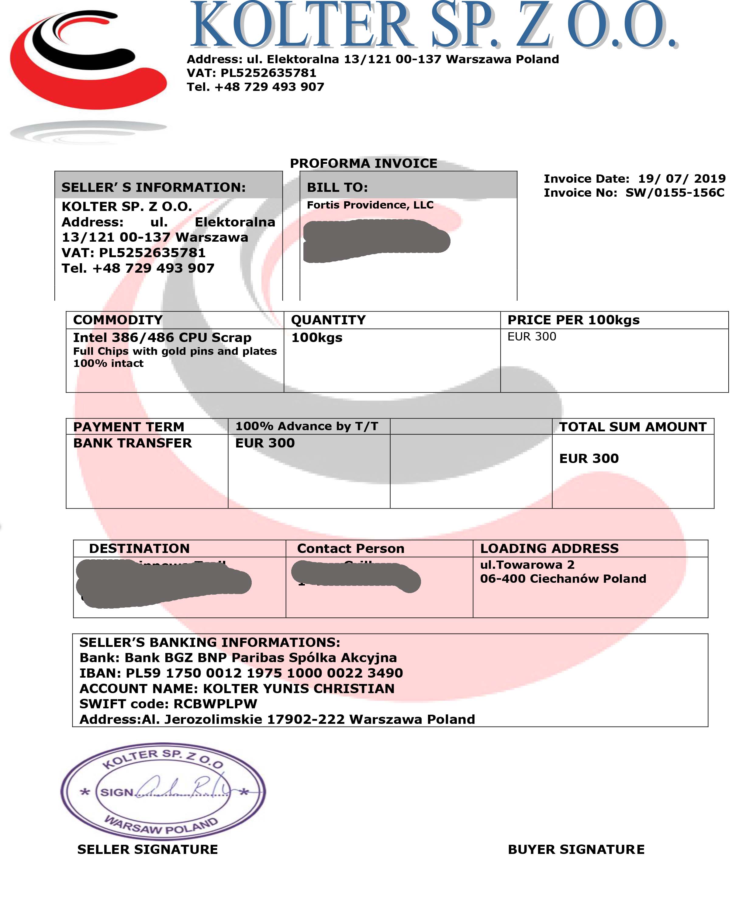 Kolter SP Zoo Invoice with VAT and Bank Info
