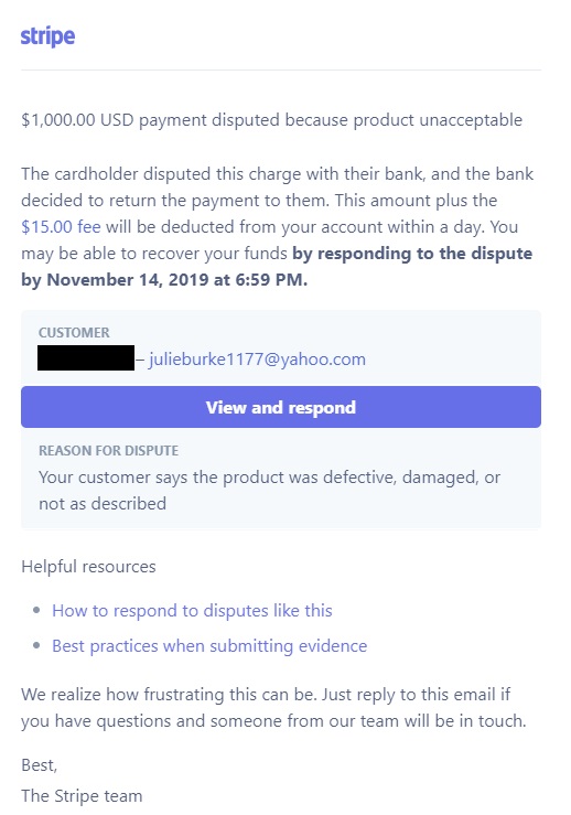 Stripe Chargeback for $1,000