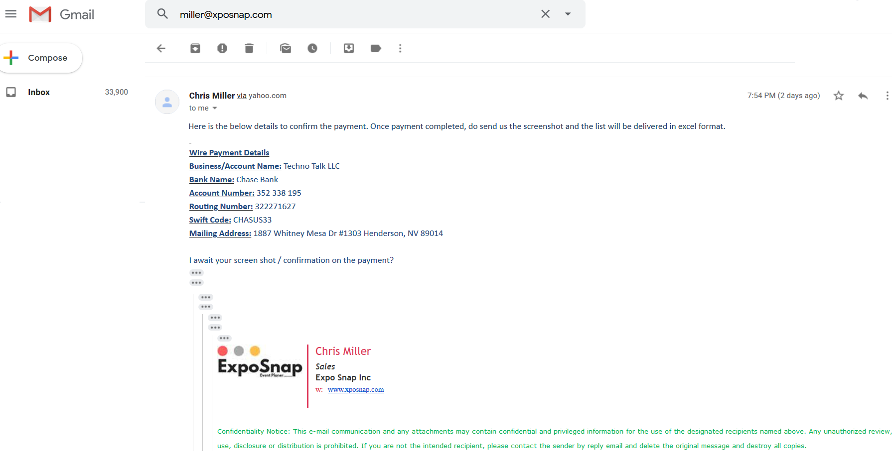 Email snapshot from Chris Miller Expo Snap scam