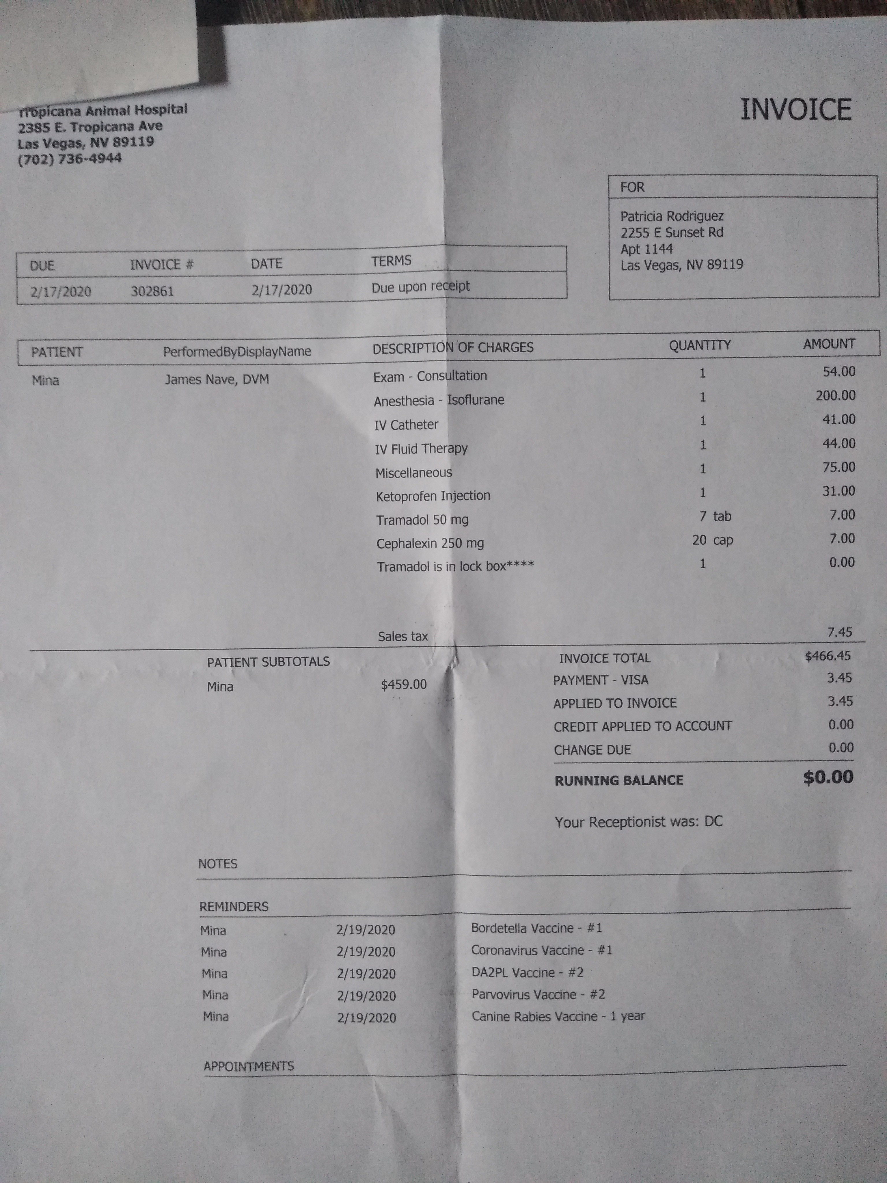Receipt for second surgery