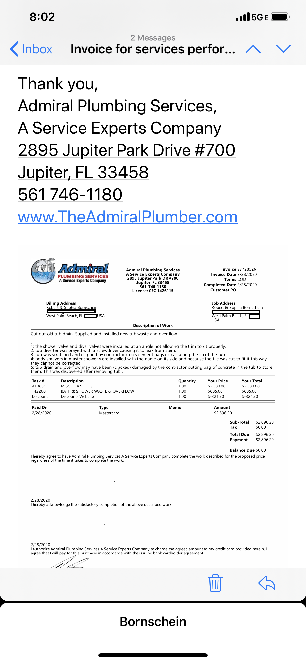New Plumbers invoice to fix leak caused