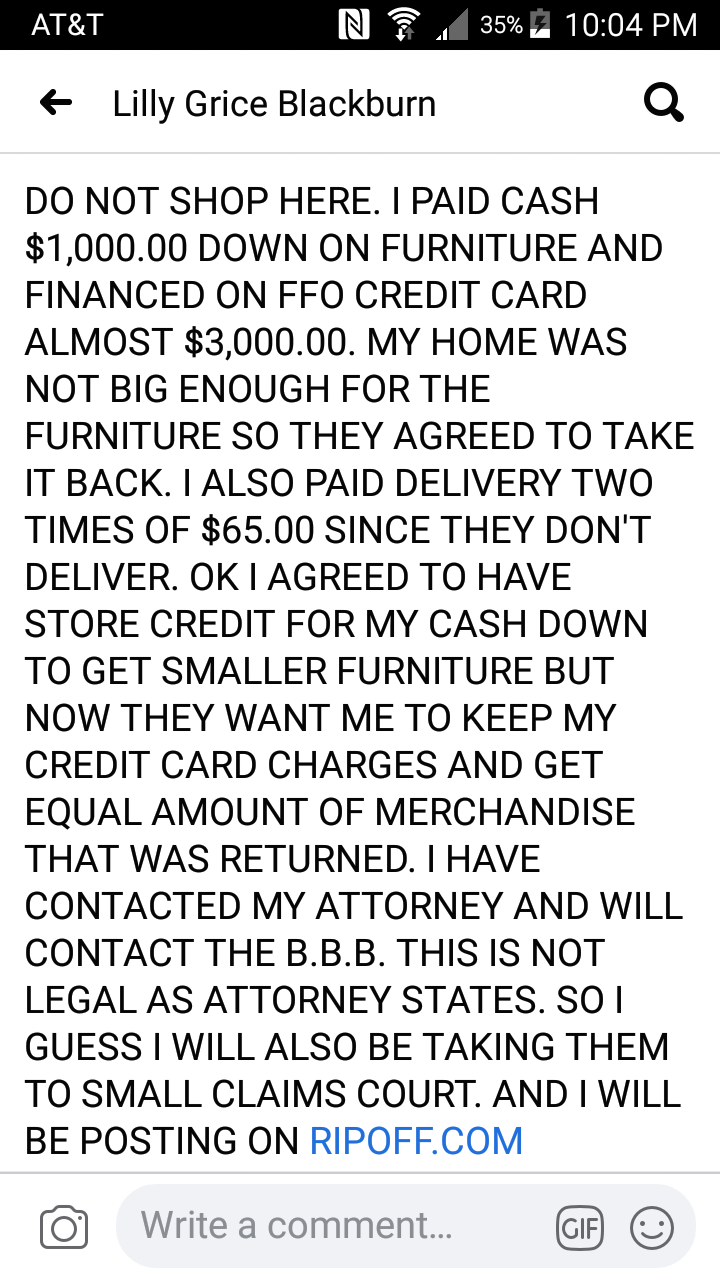 Do not purchase from F.F.O. home