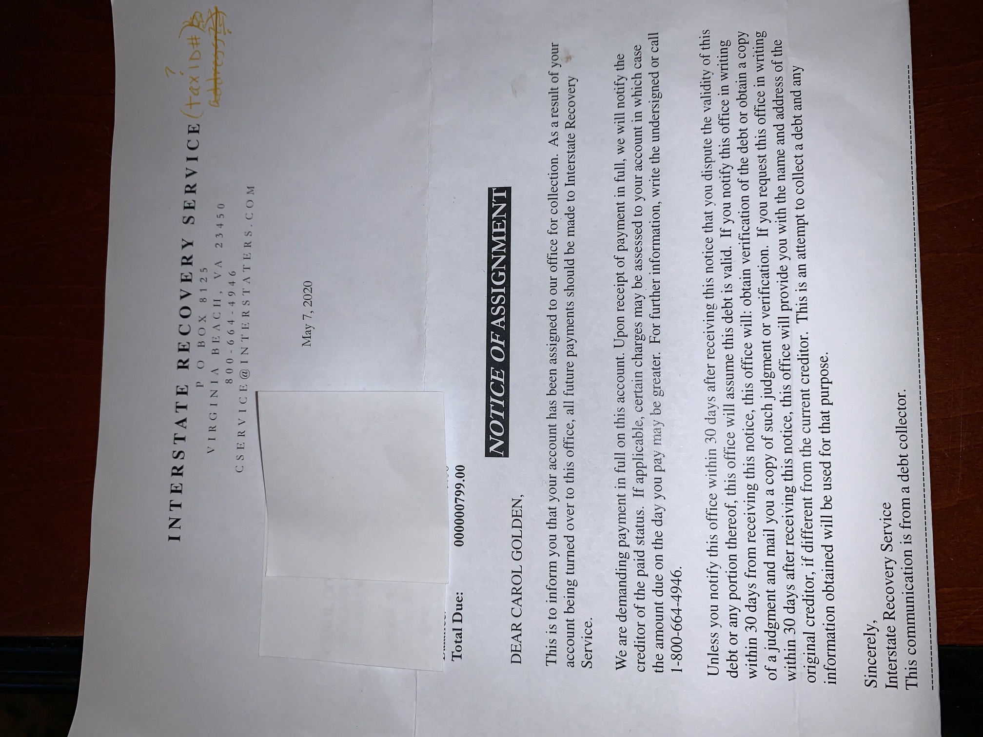 Letter from Interstate Recovery Service