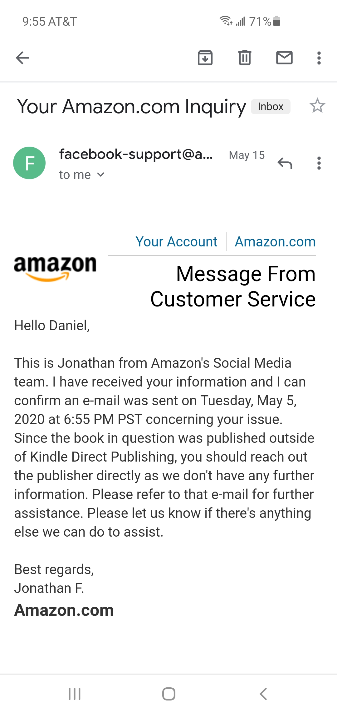 Email from Amazon - Proof of missing payment