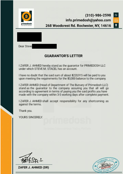 Typed PrimeDosh Letter of Guarantee