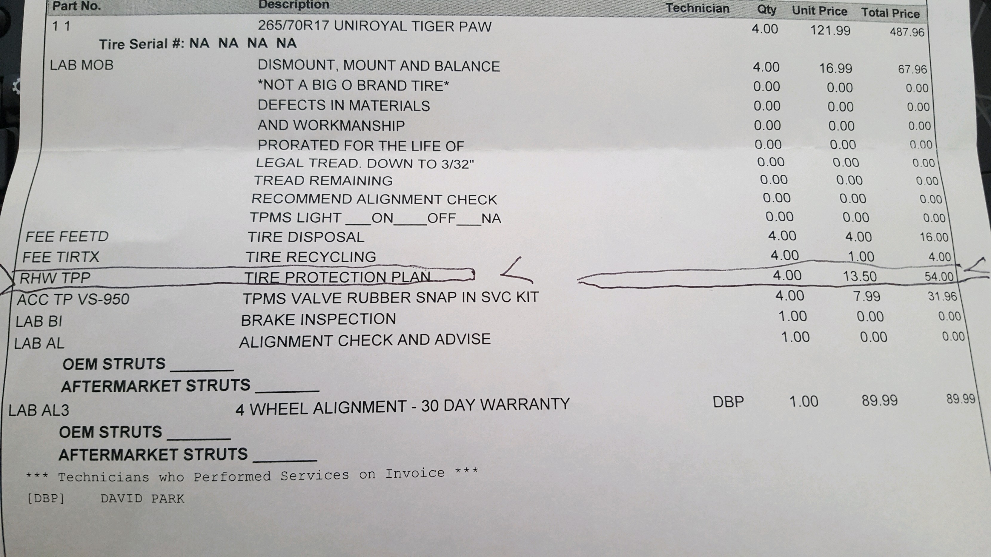 Tire Protection charges on receipt