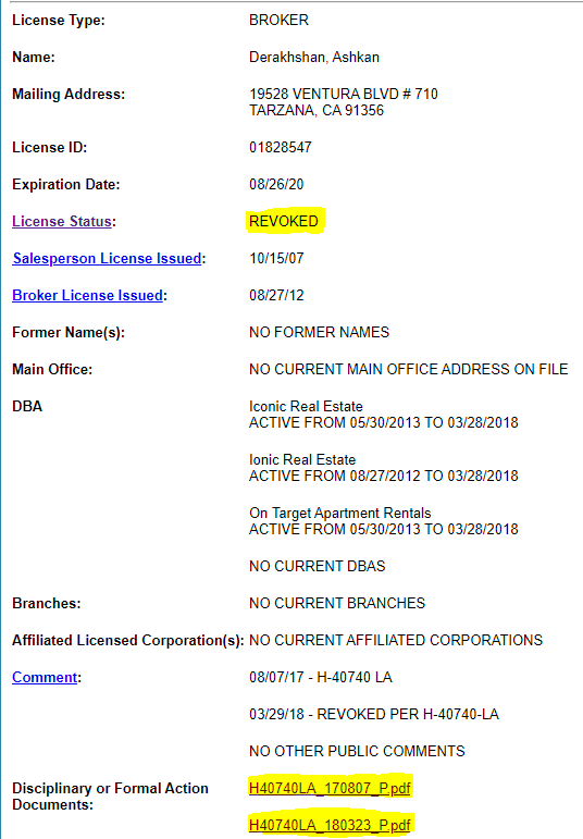 Result page from DRE Public License lookup