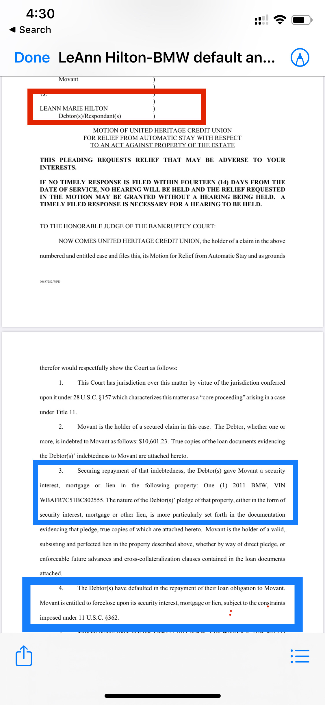 Court order to repo her 10 year old used ass BMW 