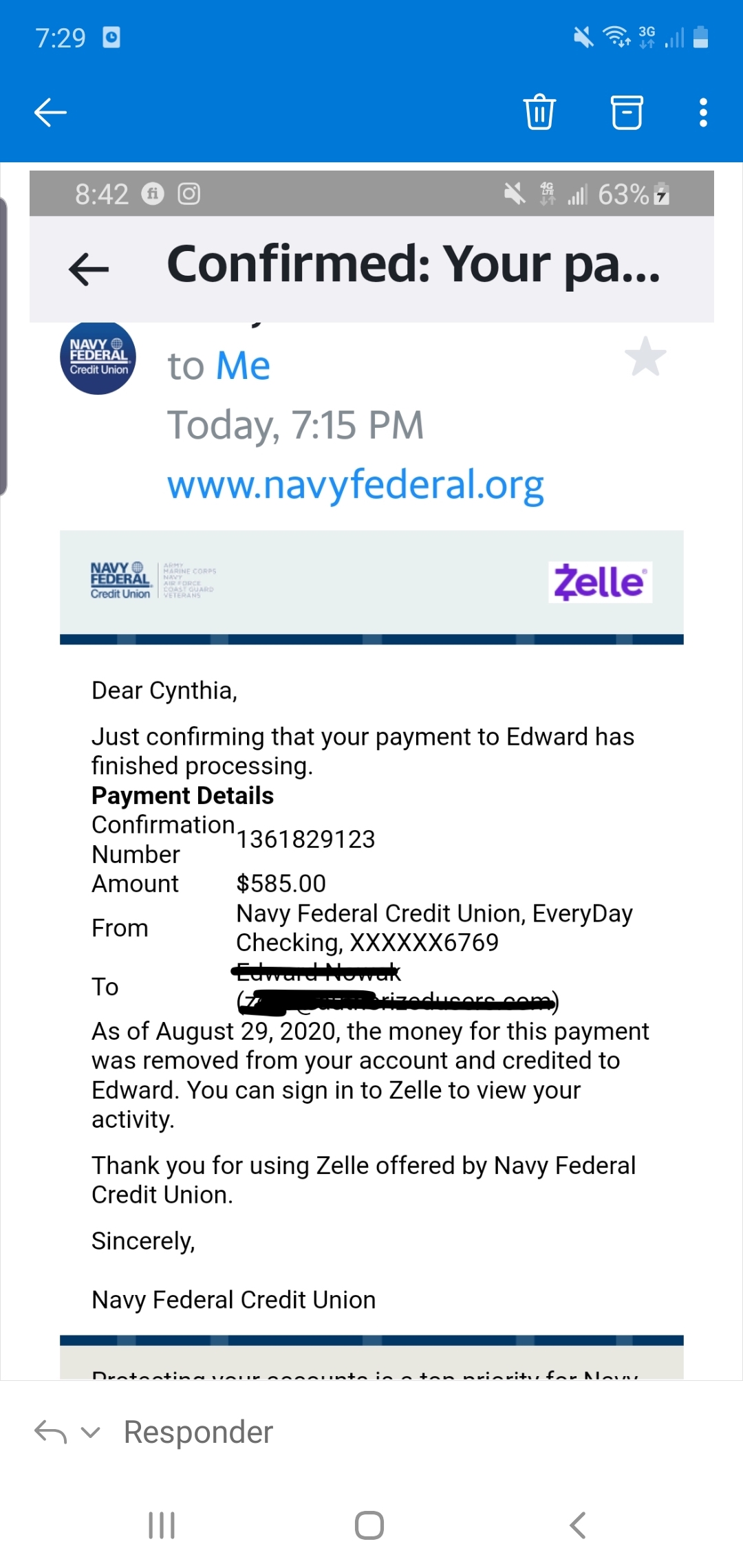 Proof of Payment from cynthia young