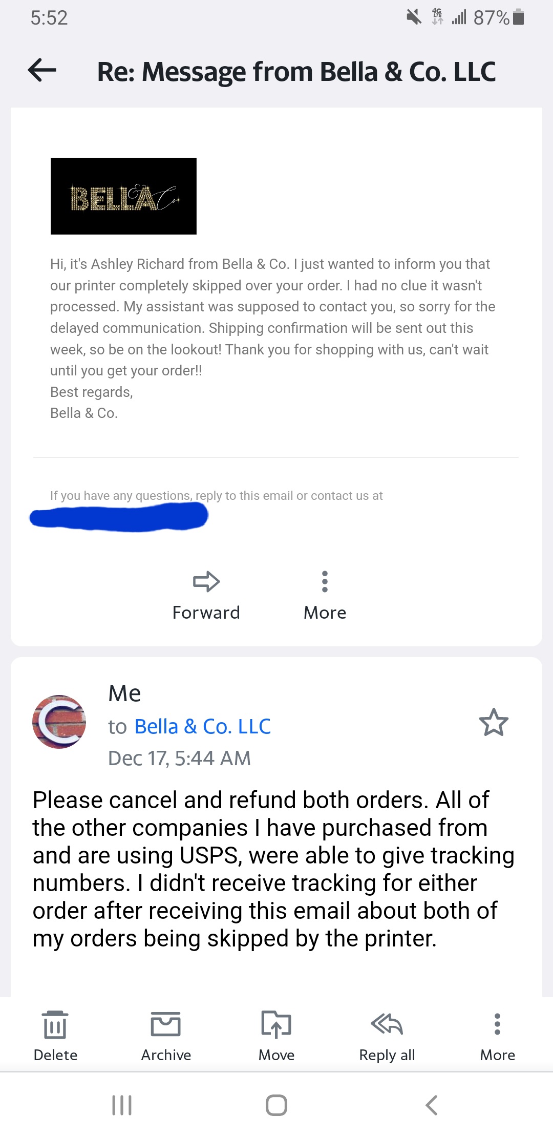 Email asking for refund